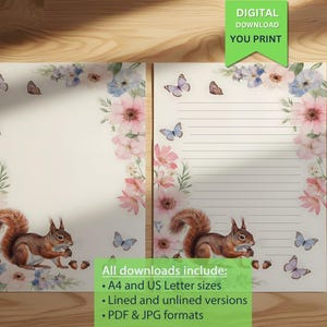 Joli papier à lettres écureuil des bois pour enfants - Papeterie imprimable à motif fleurs et papillons