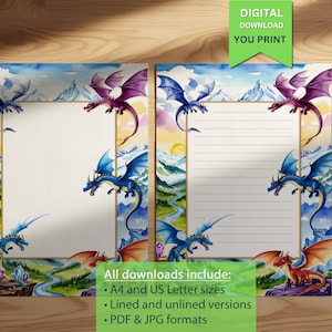 Papier à lettres imprimable sur le thème des dragons pour enfants - Papeterie fantastique avec dragons colorés et paysages de montagne