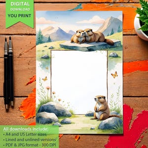 Papelaria para impressão de marmota fofa, papel de carta de animal da floresta, papel de carta com tema da natureza, download instantâneo, papel de carta caprichoso