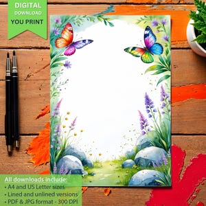 Butterfly Printable Stationery, Floral Letter Writing Paper, Watercolor Nature Notepaper, Instant Download, Whimsical Letter Paper