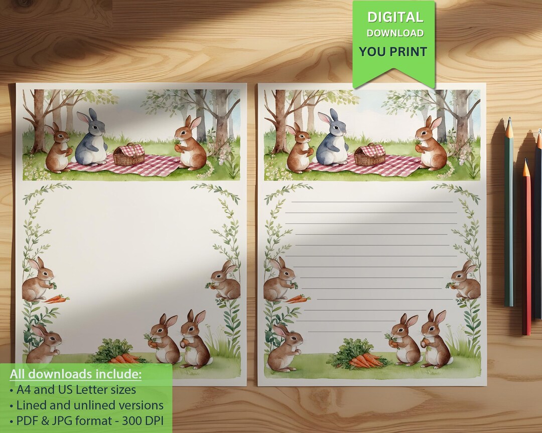Adorable Bunny Picnic-themed Letter Paper Set | Cute Stationery for ...