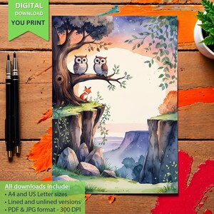 Printable Kids Writing Paper with Owls and Fox, Magical Forest Theme, Digital Letter Paper, Night Sky Stationery, PDF Download