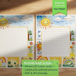 Afdrukbaar briefpapier met Happy Sunshine and Rainbow-thema voor kinderen | Kleurrijk en leuk briefpapier om gemakkelijk te schrijven