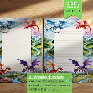 Afdrukbaar schrijfpapier met drakenavonturenthema voor kinderen | Fantasiebriefpapier met kleurrijke draken en schilderachtige bergen