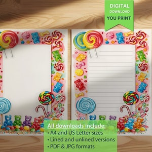 Afdrukbaar briefpapier met snoepthema voor kinderen | Leuke en kleurrijke ontwerpen voor creatief schrijven