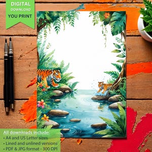 Carta da lettere per bambini stampabile con tigri carine, tema avventura nella giungla, carta da lettere digitale, cancelleria sulla fauna selvatica, download PDF