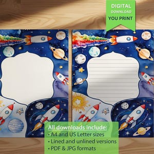 Papier à lettres pour enfants, fusée spatiale | Papeterie Galaxy imprimable avec planètes et étoiles | Page de lettres amusantes sur l'espace