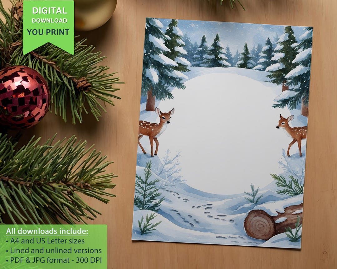 Snowy Winter Deer Writing Paper - A4 US Letter Woodland Stationery ...