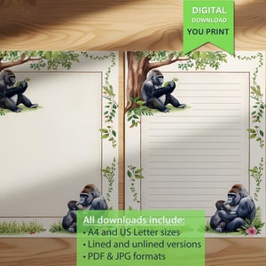 Papier à lettres gorille de la jungle ludique – Papeterie enfant sur le thème des animaux pour des notes créatives