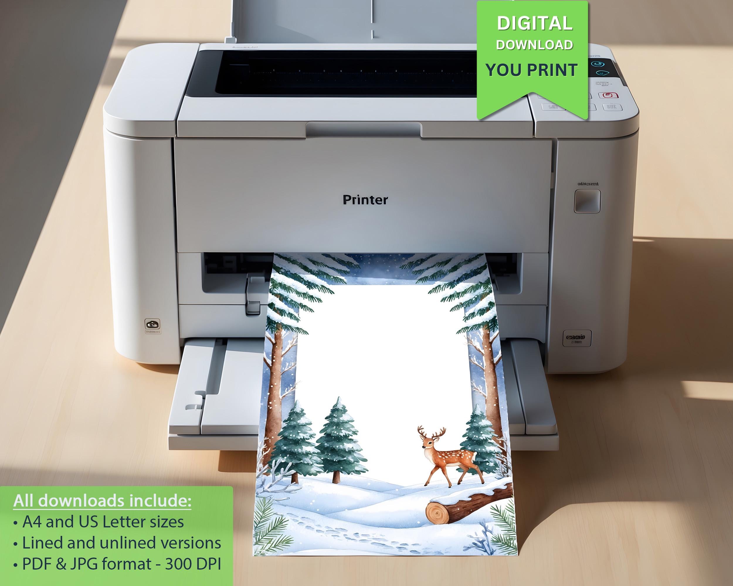Winter Forest Deer Writing Paper - A4 US Letter Printable Stationery ...
