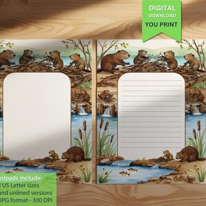Könnte beinhalten: Ein Briefpapier-Set mit einer Aquarellillustration von Bibern, die einen Damm bauen. Das Design umfasst einen linierten und unlinierten Schreibbereich mit einem grünen Banner mit der Aufschrift "DIGITALER DOWNLOAD YOU PRINT".