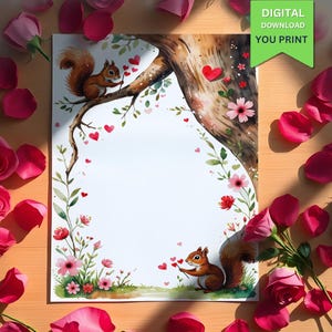 Membrete romántico con temática de ardillas: papelería digital para el día de San Valentín con diseño floral y de corazones