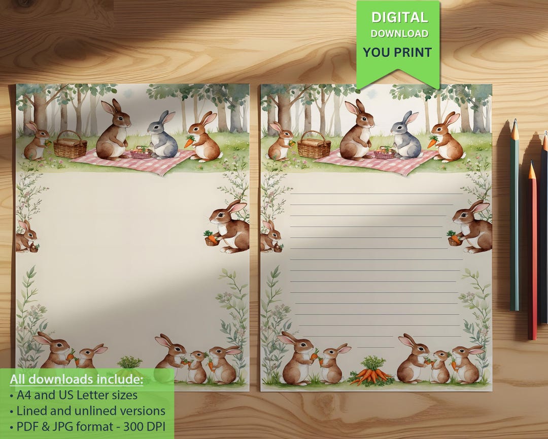 Writing Paper – Adorable Rabbit Picnic-themed Stationery, Cute Bunny ...