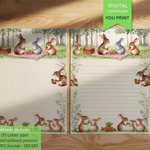 Papier à lettres - Adorable papeterie sur le thème du pique-nique avec un lapin, joli motif lapin, parfait pour les lettres et les lettres