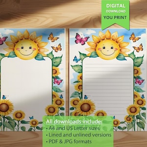 Glimlachend afdrukbaar briefpapier met zonnebloem en vlinder voor kinderen | Leuk en kleurrijk briefpapier