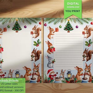 Entzückendes Weihnachtsbriefpapier - Hasen & Eichhörnchen A4 Printable PDF Download, festliches Briefpapier für Ihre Briefe