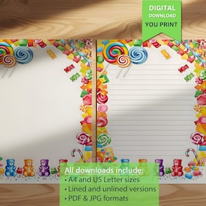 Papel para escribir imprimible con temática de dulces, ositos de goma y piruletas