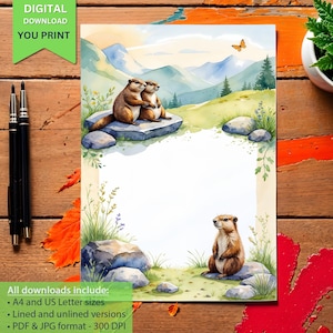 Carta da lettere stampabile Marmot, carta da lettere con animali selvatici di montagna, carta da lettere con simpatici animali, carta da lettere con natura, download digitale