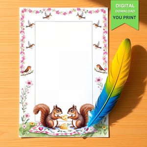 Printable Kids Writing Paper with Cute Squirrels and Birds, Floral Border, Letter Paper for Children, Digital Stationery, PDF Download
