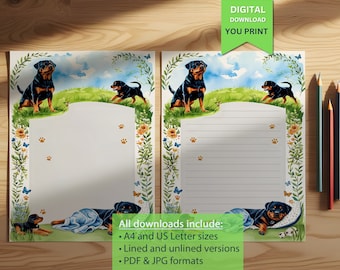 Printable Rottweiler-Themed Writing Paper for Kids – Cute Dog and Nature Stationery with Paw Prints