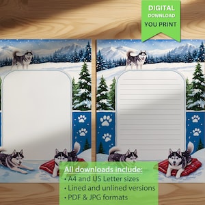 Husky-Schreibpapier für Kinder zum Selberdrucken - lustiges Winterpapier mit verschneiten Bergen und Pfotenabdrücken