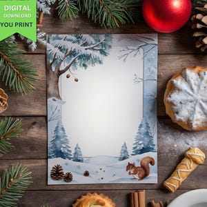 May include: Printable winter scene featuring a squirrel, pine trees, and snow. The background is a light blue watercolour wash. The image is ideal for creating cards, invitations, or other paper crafts.