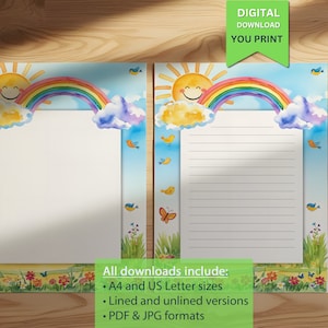 Papier à lettres mignon sur le thème de l'arc-en-ciel et du soleil | Papeterie colorée imprimable pour enfants et fournitures créatives amusantes