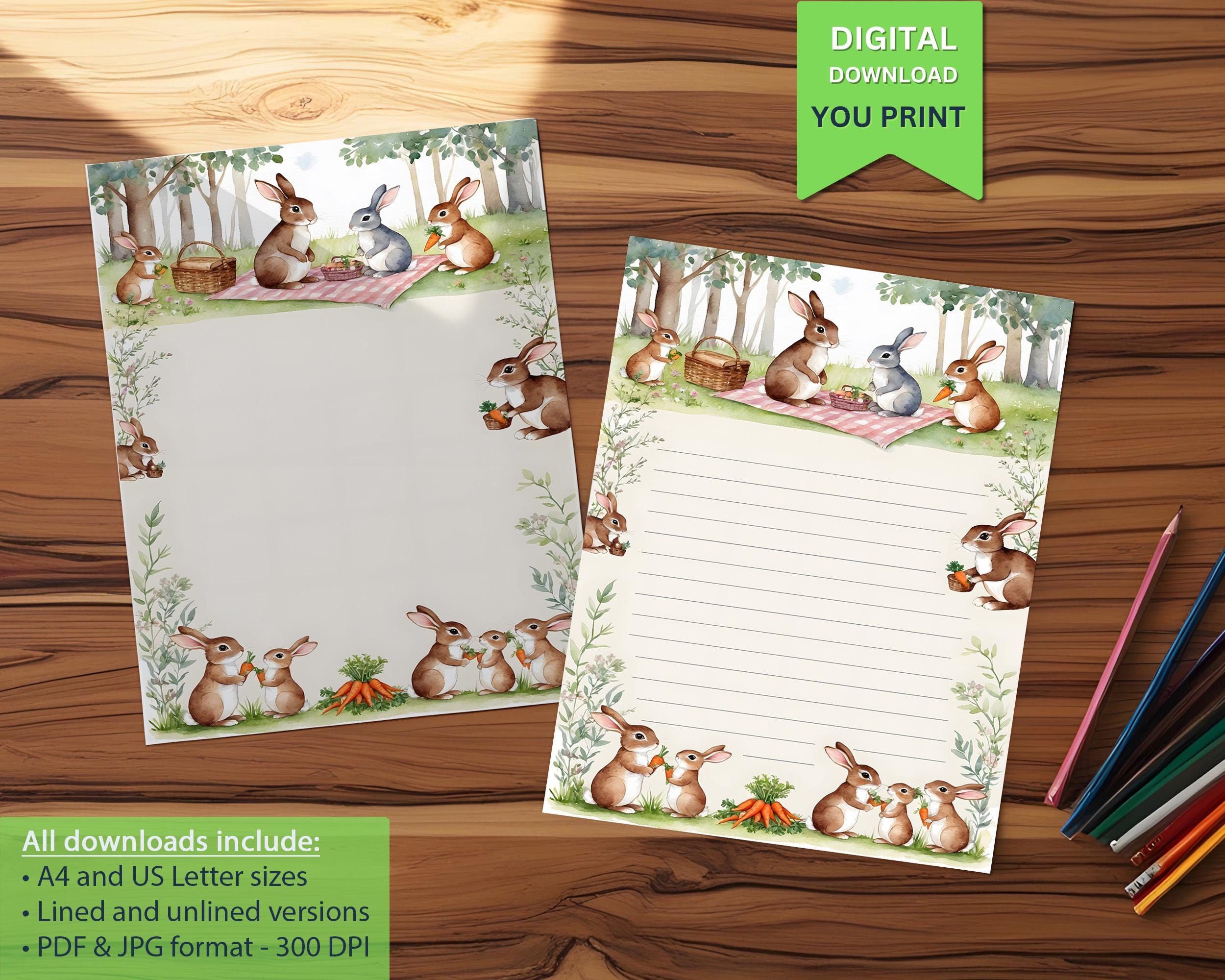Tiny Green Rabbit Paper Writing Paper – Adorable Rabbit Picnic-themed Stationery, Cute Bunny ...