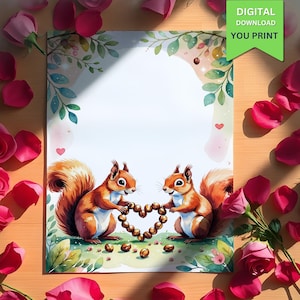 Adorable papelería de San Valentín con ardillas: membrete digital con guirnalda de nueces y corazones para notas, manualidades y diarios