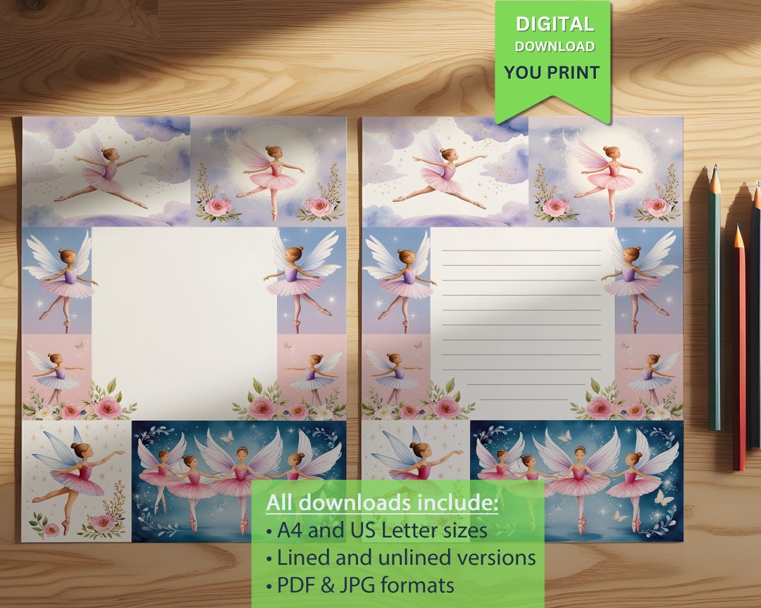 Printable Fairy Ballerina Stationery for Kids Cute Writing Paper With ...