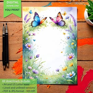 Papelería imprimible con diseño floral de mariposas, papel para escribir cartas de primavera, páginas de diario con mariposas en acuarela, papelería floral, descarga instantánea