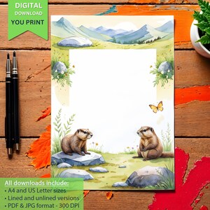 Carta da lettere per bambini stampabile con marmotte carine, tema prato di montagna, carta da lettere digitale, cancelleria sulla fauna selvatica, download PDF