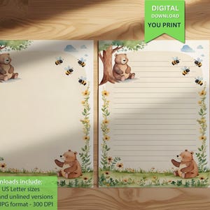 Puede incluir: Juego de papelería de acuarela con un oso, abejas y flores. Incluye versiones con y sin líneas en tamaños A4 y US Letter. El texto "DESCARGA DIGITAL USTED IMPRIME" es visible.