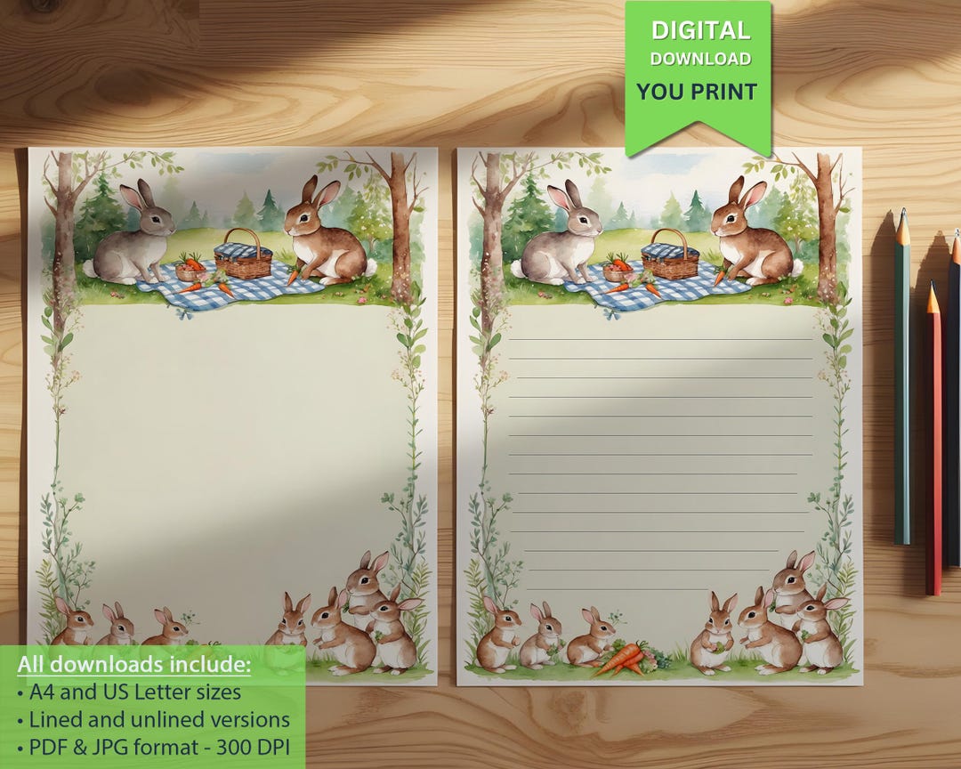 Adorable Bunny Picnic-themed Digital Writing Paper | A4 + US Letter PDF ...