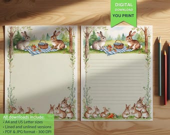 Adorable Bunny Picnic-Themed Digital Writing Paper | A4 + US Letter PDF | Cute Rabbit Stationery for Kids’ Letters, Notes & Crafts