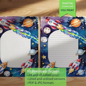 Carta da lettere per bambini con razzi e pianeti / Cancelleria stampabile a tema spaziale con stelle / Divertente design della galassia per lettere