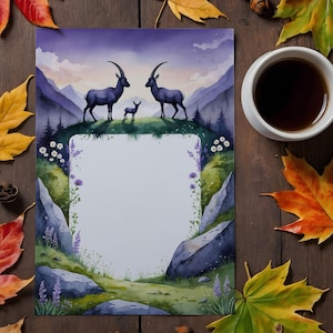 Carta da lettere stampabile con capra di montagna, carta da lettere con fauna selvatica alpina, cancelleria con natura panoramica, download digitale per bambini, PDF
