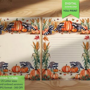 Puede incluir: Juego de papelería de acuarela con mapaches, calabazas y mazorcas de maíz. El diseño incluye el texto "DESCARGA DIGITAL IMPRIMES TÚ" y "All downloads include: A4 and US Letter sizes, Lined and unlined versions, PDF & JPG format - 300 DPI".