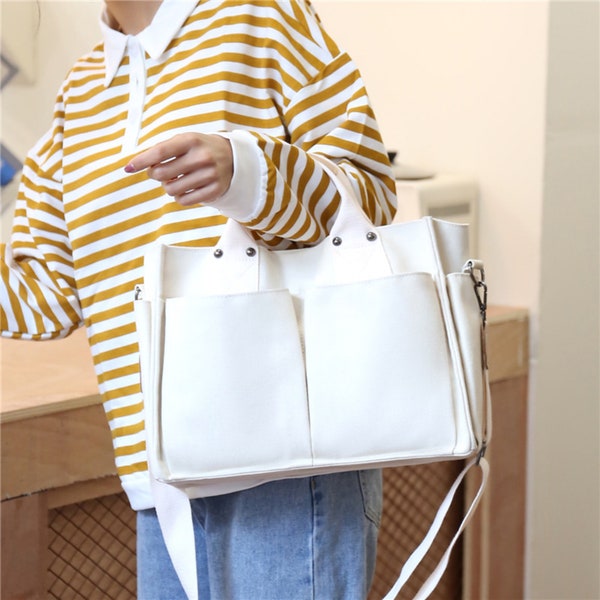 Large Capacity Shoulder Bag, Multiple Pockets Handbag for Women, Multifunctional Canvas Bag, A4 Paper Storage Bag, Pockets Bag, Laptop Bag