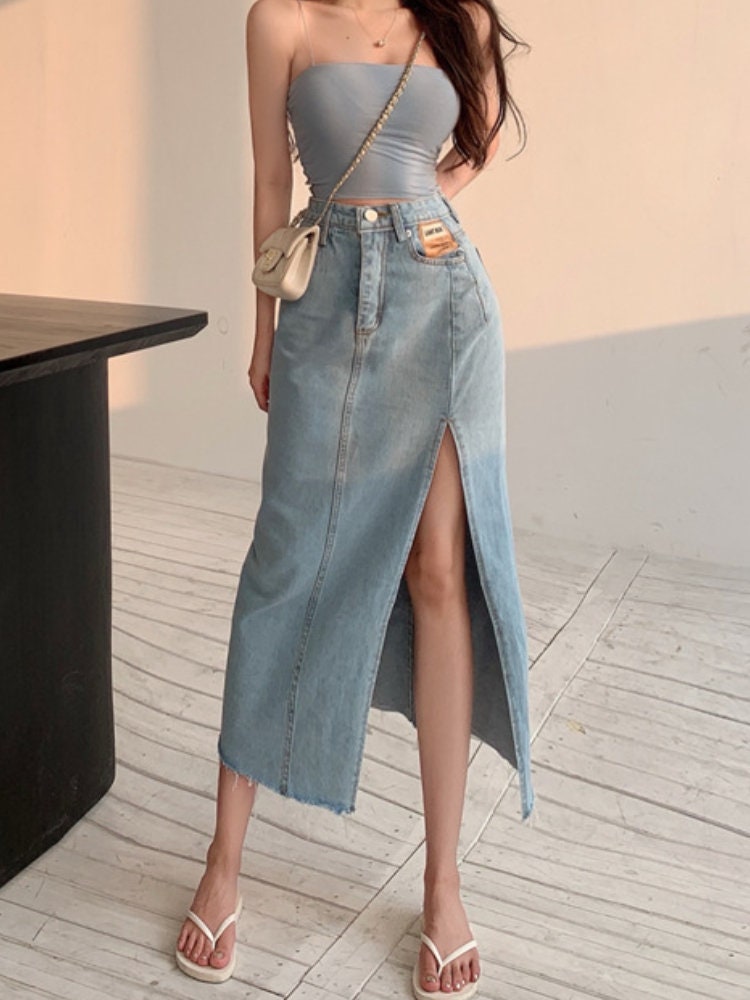Long Denim Summer Korean High Waist Button Midi Skirt Women Elegant A Line Jeans Skirts