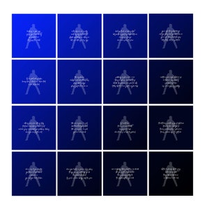 May include: A collage of 16 blue squares with a white silhouette of a person in each square. Each square contains a different quote in white text. The quotes are about love, life, and happiness.