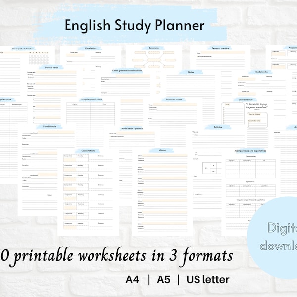 Engelse studieplanner, taalstudieplanner, taaldagboek, afdrukbaar, digitaal