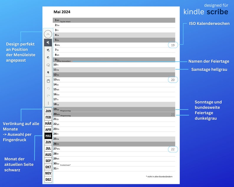 Kindle Scribe Monthly Calendar 2024, German, Holidays, Digital PDF File