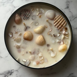 Candle | non-toxic | black candle tin | coconut soy wax | handmade | home decor | gifts | seashells