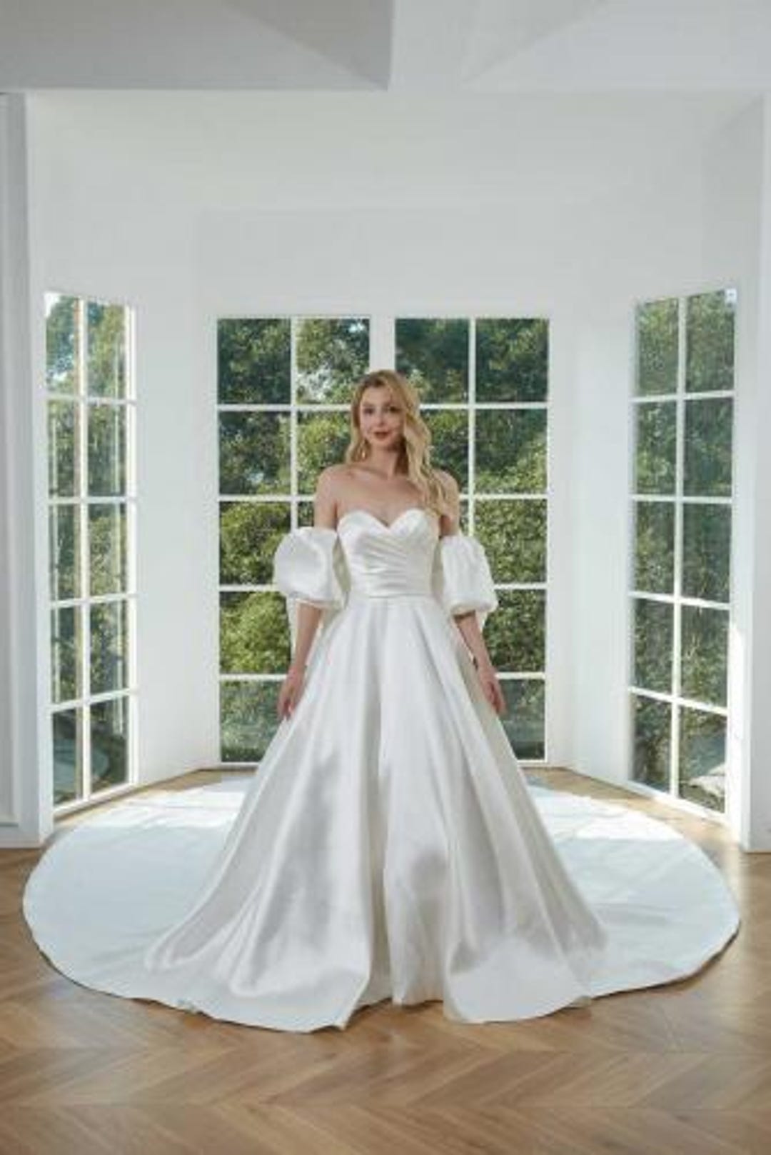 Plus Size Wedding Gown, Detachable Big Bow Wedding Dress, Puff Sleeves ...