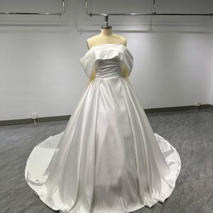 Church wedding gown, Satin wedding dress with long train, Off the shoulder bridal gown
