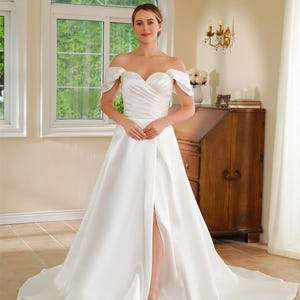 Wedding dress with Pocket, Off shoulder A-Line bridal gown, Custom size wedding gown with High slit