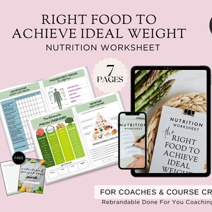 Może przedstawiać: Produkt cyfrowy dla trenerów i twórców kursów. Produkt to arkusz pracy dotyczący odżywiania z 7 stron. Arkusz pracy został zaprojektowany, aby pomóc ludziom osiągnąć ich idealną wagę. Produkt jest rebrandowalny i gotowy do użycia. Obraz pokazuje tablet i telefon z otwartym arkuszem pracy. Obraz pokazuje również bezpłatny dziennik, który jest dołączony do produktu.
