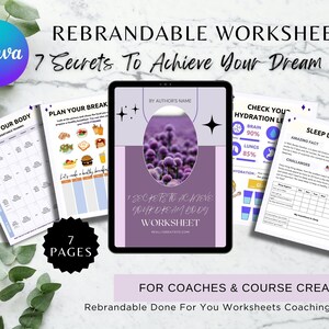 Może przedstawiać: Zestaw 7 drukowanych arkuszy roboczych dla trenerów i twórców kursów, aby pomóc ich klientom w osiągnięciu wymarzonego ciała. Arkusze robocze obejmują takie tematy, jak tonizowanie ciała, planowanie przerw, sprawdzanie poziomu nawodnienia i prowadzenie dziennika snu. Arkusze robocze są rebrandowalne i można je dostosować do własnej marki.