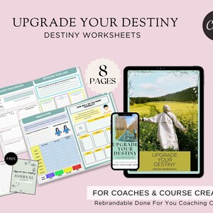 Może przedstawiać: Różowe tło z tekstem "Upgrade Your Destiny" w kolorze białym. Pod tekstem znajduje się "Destiny Worksheets" również w kolorze białym. Widoczne jest białe koło z tekstem "Made in Canva" w kolorze czarnym. Zestaw zawiera 8 stron arkuszy ćwiczeń wraz z bezpłatnym dziennikiem. Arkusze ćwiczeń obejmują takie tematy jak "Spełnij swoje marzenia", "Zdefiniuj swoje życie" i "Medytacja".